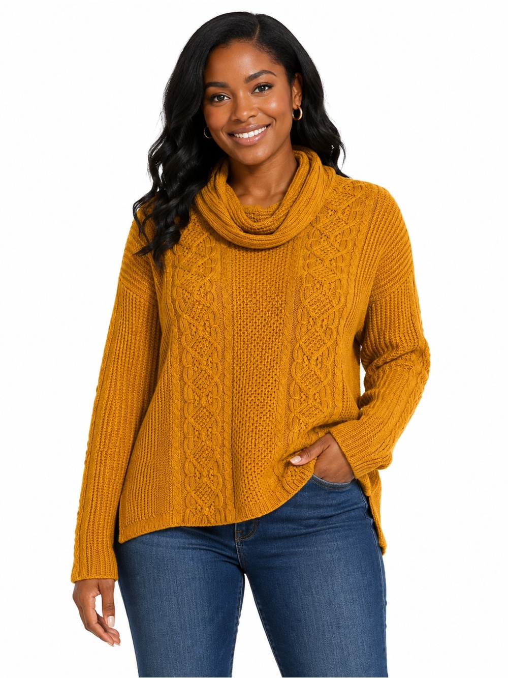 Jeanne Pierre Women’s Mustard Cable Knit Cowl Neck Sweater – Size 2X